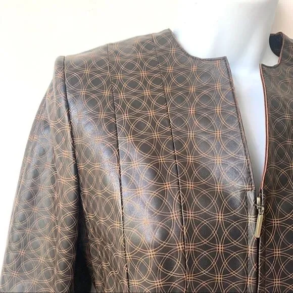 Leather Geometric Dark Brown Fitted Jacket - Picture 8 of 14